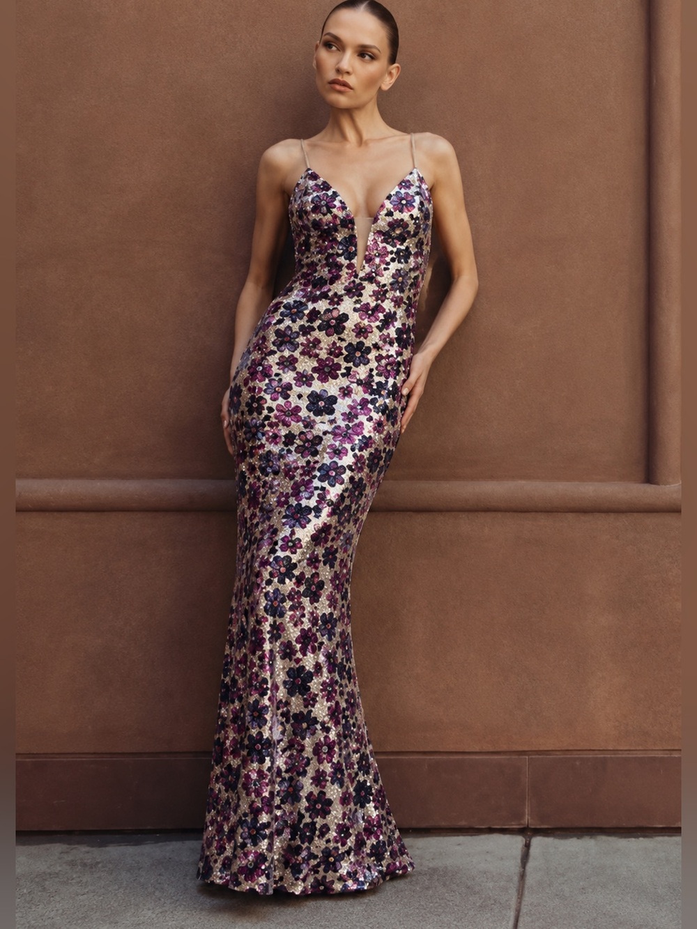 NWT Betsy & Adam Midnight Garden Floral Sequin Gown 12